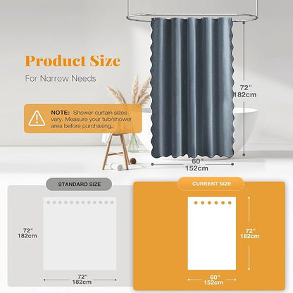 BTTN Stall Shower Curtain, 60x72 Boho Scalloped Linen Textured Thick Fabric Shower Curtain Set with 10 Hooks, Small Country Bohemian Farmhouse Waterproof Cloth Shower Curtains for Bathroom, Blue Grey