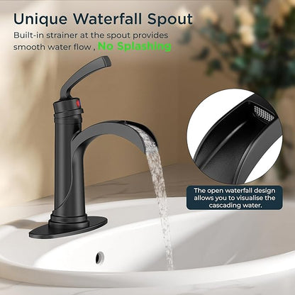 Forious Black Bathroom Sink Faucet Single Handle One Hole Antique Waterfall Bathroom Faucet with Metal Pop Up Drain and Deck Plate for Lavatory Vanity Farmhouse RV