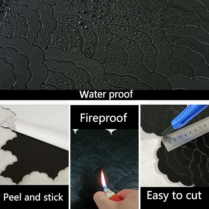 XUANINY 7-Sheet Peel and Stick Metal Backsplash Tiles, Self Adhesive Cloud-Shaped Aluminum Mosaic 3D Wall Sticker for Kitchen Bathroom Living Room Decor (Black, 11)