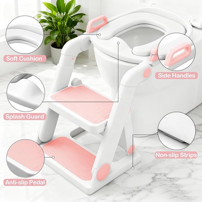 Potty Training Seat with Step Stool Ladder for Kids Girls, Pink | Pre-assembled, 2-in-1, Toddler Toilet Seat, Anti-Slip Foldable Steps, Splash Guard, Adjustable, Potty Ladder for Toddler 1-3