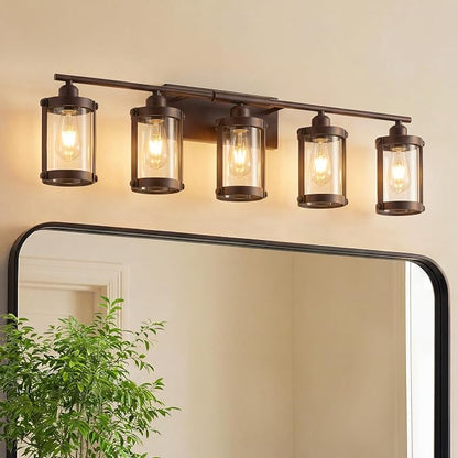 5-Light Oil Rubbed Bronze Bathroom Light Fixtures Over Mirror with Clear Glass and Metal Cage Shade, 38" UL-Listed Modern Farmhouse Wall Sconce for Bath, Hardwire E26, OS-3014ORB-5W