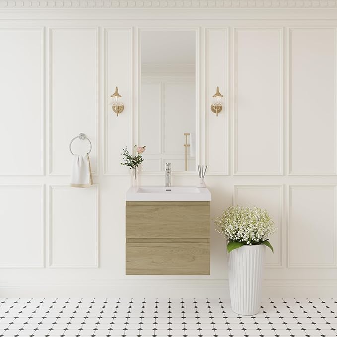 Floating Bathroom Vanity with Sink, 24" Wall-Mounted Bathroom Storage Vanity Cabinet with Resin Top Basin and Soft Close Drawers, No Assembly Required, Natural Oak