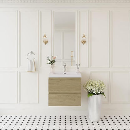 Floating Bathroom Vanity with Sink, 24" Wall-Mounted Bathroom Storage Vanity Cabinet with Resin Top Basin and Soft Close Drawers, No Assembly Required, Natural Oak