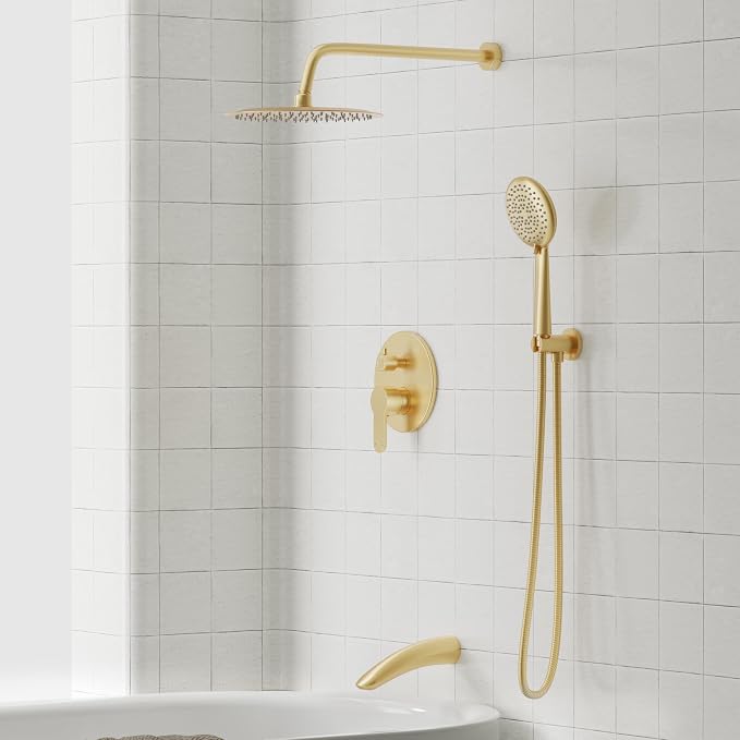 Gabrylly Shower System with Tub Spout, Bathtub Shower Faucet Set with 10" Rain Shower head and 5-Setting Handheld Shower, Wall Mounted Shower Fixtures with Pressure Balance Shower Valve, Brushed Gold