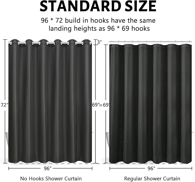 Furlinic Extra Wide No Hook Shower Curtain,96 Inch Width Dark Grey Fabric Shower Curtains with 12 Plastic Built-in Hooks,Waterproof & Machine Washable Hotel Style for Bathroom,96x72 Inch