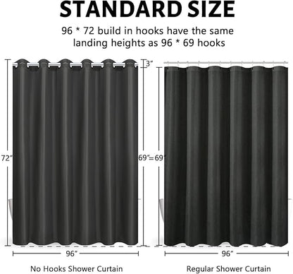 Furlinic Extra Wide No Hook Shower Curtain,96 Inch Width Dark Grey Fabric Shower Curtains with 12 Plastic Built-in Hooks,Waterproof & Machine Washable Hotel Style for Bathroom,96x72 Inch