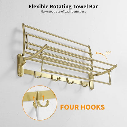 Towel Racks with Foldable Towel Bar Hooks, Wall Mounted Brushed Gold | 24 Inch Bathroom Towel Shelf Holder, Multifunctional Storage Bathroom Accessories, Double Towel Bars, Rust-resistant Metal
