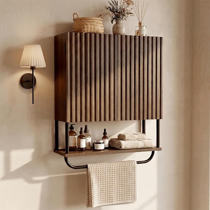 Fluted Bathroom Wall Cabinet,Wood Medicine Cabinet with Towel Bar Walnut | Fernitry Over the toilet Storage Cabinet Walnut Wall Mounted with Adjustable Shelf 3 Tier Farmhouse with 2 Doors Retro