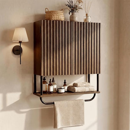 Fluted Bathroom Wall Cabinet,Wood Medicine Cabinet with Towel Bar Walnut | Fernitry Over the toilet Storage Cabinet Walnut Wall Mounted with Adjustable Shelf 3 Tier Farmhouse with 2 Doors Retro