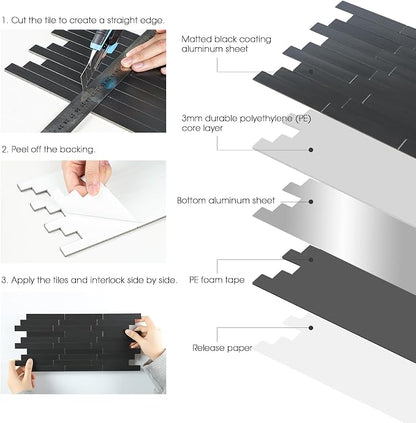 12 Sheets Black Peel and Stick Backsplash, Brushed Metal Subway Linear Tile for Kitchen Fireplace