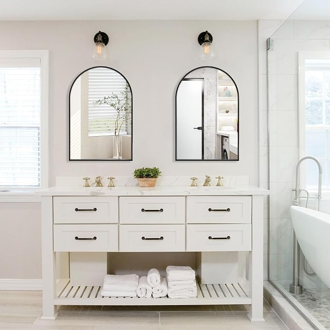 Black Arched Mirror 24x32in, Metal Framed Bathroom Vanity Wall | Tempered Glass, Shatter Proof, Living Room Bedroom Entryway, Modern Elegant Design