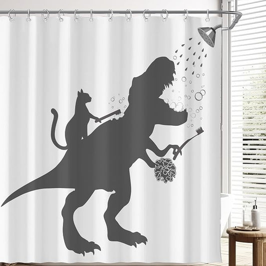 Funny Dino Dinosaur Cat Kids Boy Fun Shower Curtain for Bathroom 72W*72H Inch Trex Raptor Silhouette Bathing Cartoon Animal Shadow Bathtub Decor Teen Cute Waterproof Polyester Fabric Set with 12 Hooks