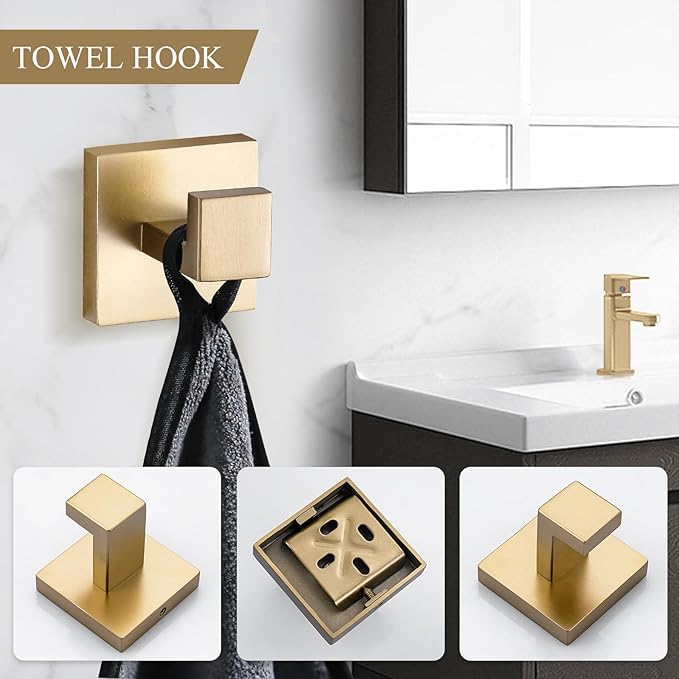 TURS Brushed Gold Bathroom Accessory Set 4-Pieces Bathroom Hardware Set Square Towel Bar Set Stainless Steel Towel Holder Set