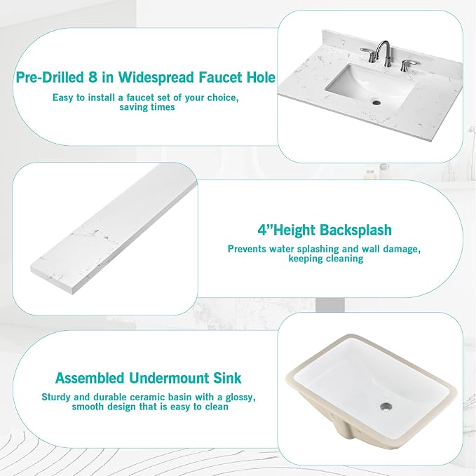 36"x22" Engineered Stone Bathroom Vanity Top with Rectangular Undermount Ceramic Middle Sink, 8 Inch Faucet Hole Spread with Backsplash Bathroom Vanity Sink Top (Cabinet Not Included)