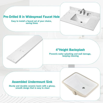 36"x22" Engineered Stone Bathroom Vanity Top with Rectangular Undermount Ceramic Middle Sink, 8 Inch Faucet Hole Spread with Backsplash Bathroom Vanity Sink Top (Cabinet Not Included)