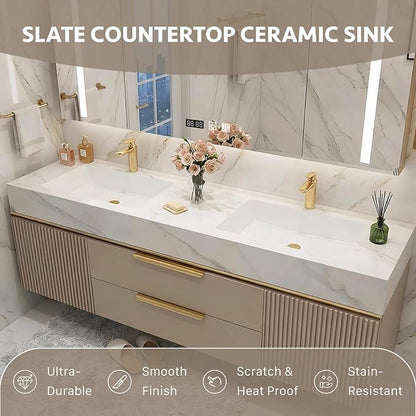 92 Inch Floating Bathroom Vanity with Double Sink, Khaki | Smart LED Defog Medicine Cabinet, Sintered Stone Countertop, Solid Wood, 2 Soft-Close Doors & Drawers, Khaki
