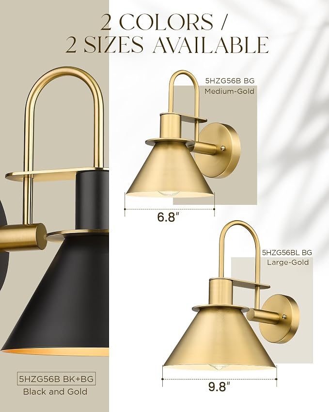 Brass Wall Sconce, HWH Modern Wall Light Sconces for Bedroom Bathroom, 1-Light Indoor Wall Light Fixtures with Metal Shade, White Interior, Gold Finish, 5HZG56BL BG