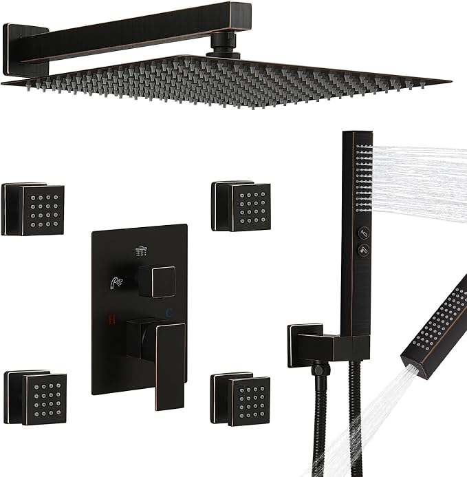 RUMOSE Rainfall Shower System with 4 Full Body Jet 4 Mode Shower Faucet Set | 12 Inch Rain Shower Head, 2 in 1 Handheld Spray, Oil Rubbed Bronze Brass Shower Jet Shower Fixtures, Wall Mounted