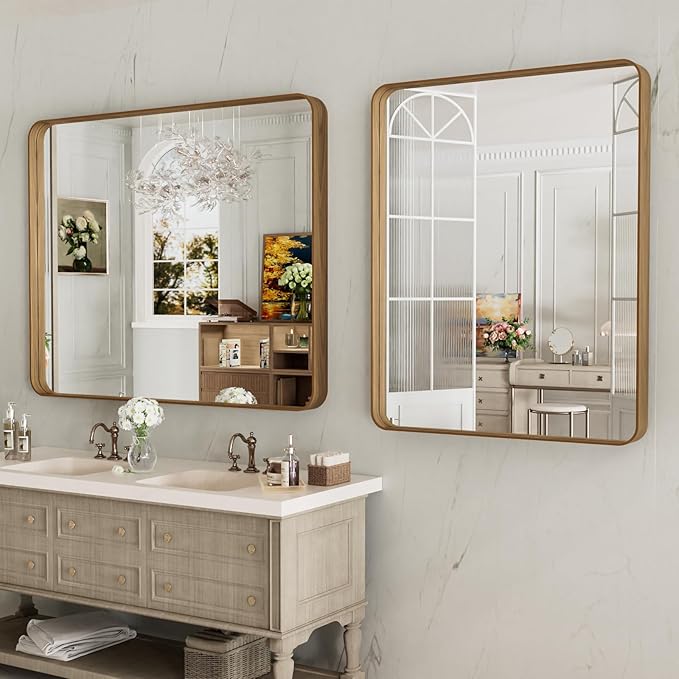 LOAAO 40X30 Inch Bathroom Mirror with Wood Grain Colored Metal Frame | Rounded Rectangle Metal Framed, Anti-Rust, Hangs Horizontally or Vertically, Tempered Glass