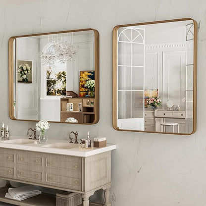 LOAAO 40X30 Inch Bathroom Mirror with Wood Grain Colored Metal Frame | Rounded Rectangle Metal Framed, Anti-Rust, Hangs Horizontally or Vertically, Tempered Glass
