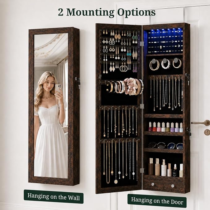 Jewelry Armoire, 47.2" Tall Lockable Jewelry Organizers and Storage Cabinet with Full-Length Mirror, 6 LEDs Mirror Jewelry Cabinet, Wall or Door Mounted Jewelry Storage for Women Bedroom, Gift Idea