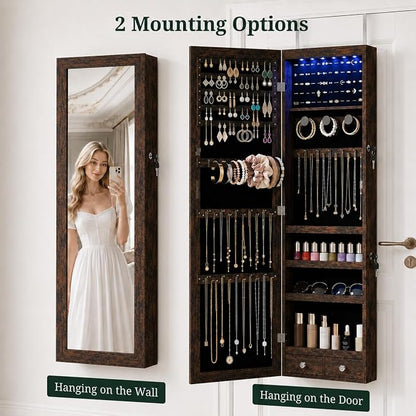 Jewelry Armoire, 47.2" Tall Lockable Jewelry Organizers and Storage Cabinet with Full-Length Mirror, 6 LEDs Mirror Jewelry Cabinet, Wall or Door Mounted Jewelry Storage for Women Bedroom, Gift Idea