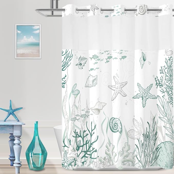 No Hook Shower Curtain and Liner Set, Green Beach Coastal 71x74 | Nautical Ocean for Bathroom, with Snap in Liner Replacement, Mesh Top Window, Waterproof, Machine Washable, Quick-Drying