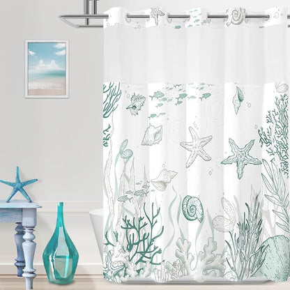No Hook Shower Curtain and Liner Set, Green Beach Coastal 71x74 | Nautical Ocean for Bathroom, with Snap in Liner Replacement, Mesh Top Window, Waterproof, Machine Washable, Quick-Drying