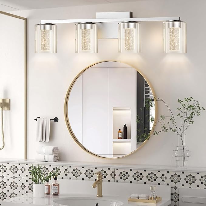 LED Modern Bathroom Light Fixtures Over Mirror, 4-Light Brushed Nickel Vanity Lights with 5 Color Modes, Dimmable Bathroom Vanity Light with Crystal Bubble Glass, 2700K-6500K Adjustable, ETL