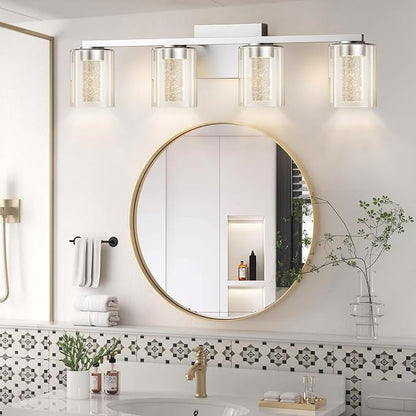 LED Modern Bathroom Light Fixtures Over Mirror, 4-Light Brushed Nickel Vanity Lights with 5 Color Modes, Dimmable Bathroom Vanity Light with Crystal Bubble Glass, 2700K-6500K Adjustable, ETL