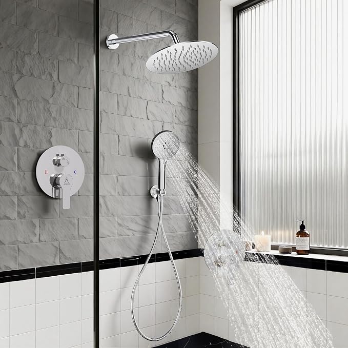 Shower Faucet Set 12IN Brass Rough-In Valve Body Trim Kit Rainfall Included Handle Accessories Complete 2 Functions with Rain Head and Handheld Bathroom Systems (12'', Chrome Polished)