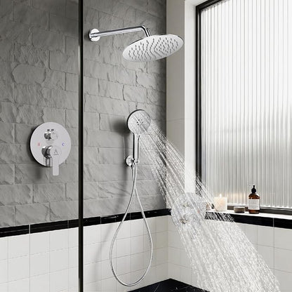 Shower Faucet Set 10IN Brass Rough-In Valve Body Trim Kit Rainfall Included Handle Accessories Complete 2 Functions with Rain Head and Handheld Bathroom Systems (10'', Chrome Polished)