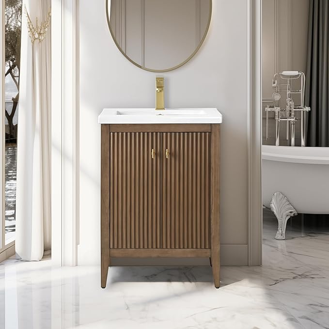 Vanity Art 24 inch Bathroom Vanity with Single Sink & Ceramic Top, Vanity Cabinet with Soft-Closing Door, Solid Wood Frame, Linear Pattern, Walnut, Golden Brushed Handware VA9124-Walnut-GB