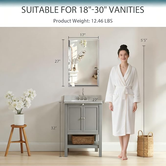 17x27 Plastic Medicine Cabinet with Mirror, Recessed or Surface Mount | 3 adjustable shelves, beveled mirror, soft-close reversible door, 95% assembled; cutout 13.86"W x 24.15"H x 3"D