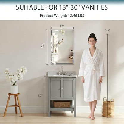 17x27 Plastic Medicine Cabinet with Mirror, Recessed or Surface Mount | 3 adjustable shelves, beveled mirror, soft-close reversible door, 95% assembled; cutout 13.86"W x 24.15"H x 3"D