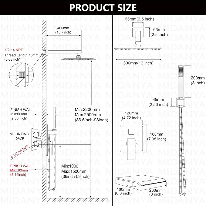 Midanya Shower System with Tub Spout,12 Inch Shower Head,Brushed Nickel | with Valve & Trim Kit,Square Rain Head,Handheld Sprayer,Waterfall Spout,All Metal Wall Mount Bathroom Shower Tub Faucet Set