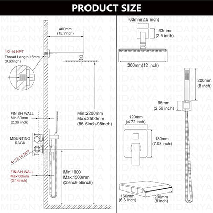 Midanya Shower System with Tub Spout,12 Inch Shower Head,Oil Rubbed Bronze | with Valve & Trim Kit,Square Rain Head,Handheld Sprayer,Waterfall Spout,All Metal Wall Mount Bathroom Shower Tub Faucet Set
