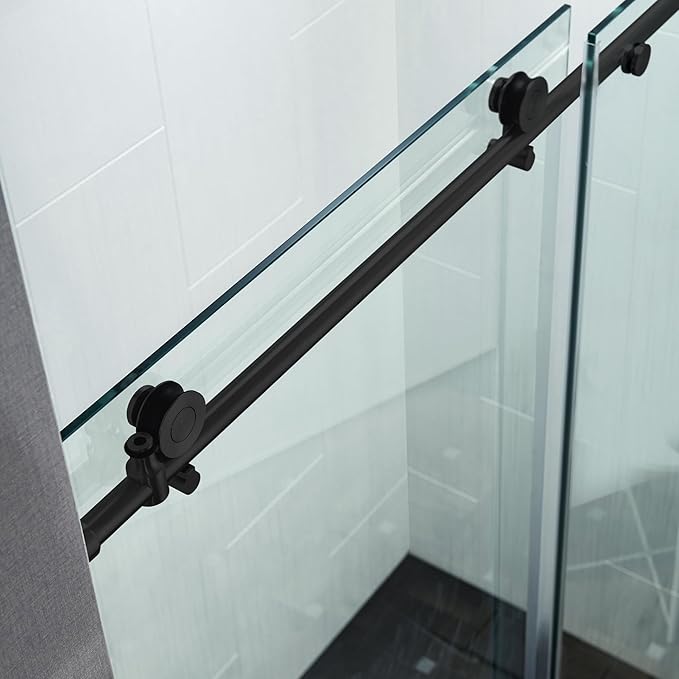 Woodbridge Frameless Sliding Shower Doors with Soft Close System, 57.5-60" Width x 76" Height with 3/8"(10mm) Clear Tempered Glass in Matte Black Finish, BSDC6076-BL