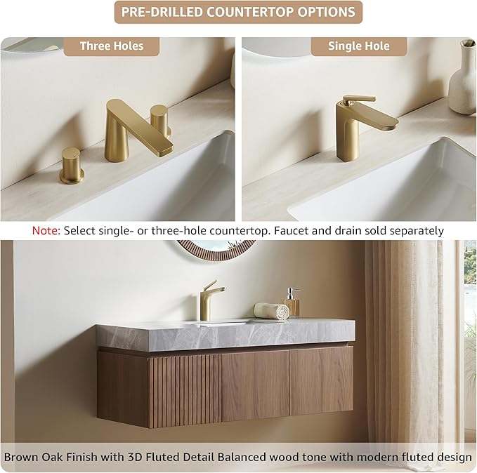 48” Floating Bathroom Vanity with Sink, Wall-Mounted Cabinet with Drawer & Doors, Gray Travertine-Pattern Sintered Stone Top, Undermount Basin, Single Faucet Hole, Soft-Close, Pre-Assembled, Brown Oak