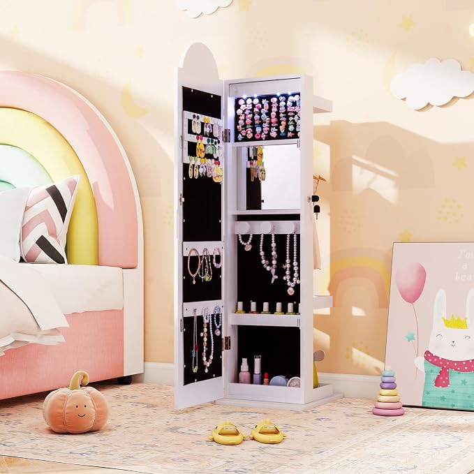 HONEY JOY Kids Jewelry Cabinet with LED Lights, Rainbow Standing Jewelry Armoire w/Full-Length Mirror & Makeup Mirror, Ring Slot, Lockable Princess Jewelry Organizer Storage for Toddler Girls(White)