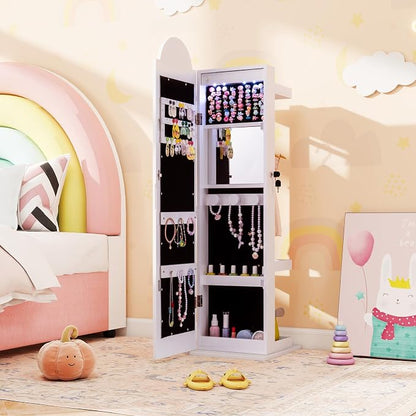 HONEY JOY Kids Jewelry Cabinet with LED Lights, Rainbow Standing Jewelry Armoire w/Full-Length Mirror & Makeup Mirror, Ring Slot, Lockable Princess Jewelry Organizer Storage for Toddler Girls(White)