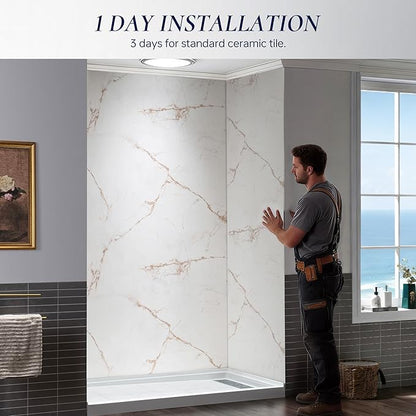 Woodbridge 60" W x 96" H 3-Piece Solid Surface Tile Tub and Shower Wall Panel Surround Kit in Beige Marble with Soft Brown Veining (High Gloss Finish), Quick Install and Trimmable, 3/16" (5mm) Thick