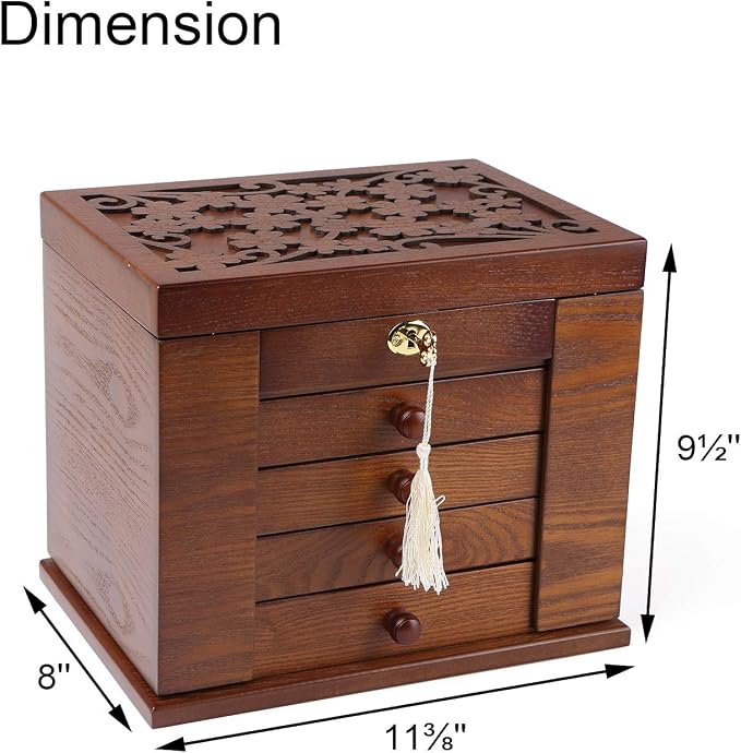 Changsuo Wooden Jewelry Box for Women, Organizer Box of Solid Wood with Lock and Key for Jewelries, Watches, Necklace, Ring, Lockable Storage Case (Dark Brown)