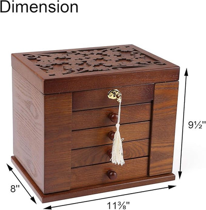 Changsuo Wooden Jewelry Box for Women, Organizer Box of Solid Wood with Lock and Key for Jewelries, Watches, Necklace, Ring, Lockable Storage Case (Dark Brown)