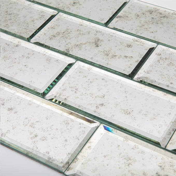 Peel and Stick Beveled Antique Mirror Tile Subway Mirror Glass Backsplash 3x6 Inch for Kitchen Bathroom Wall (40 Pcs, 5 SQ.FT.)