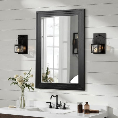 Farmhouse Rustic Wood Framed Bathroom Vanity Mirror for Wall, 20x30, Black | Recessed Stepped Solid Wood Frame, HD Shatterproof Glass, Vertical/Horizontal Mount, for Bathroom Sink, Living Room, Entryway