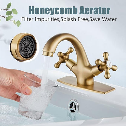 Aolemi Bathroom Sink Faucet Single Hole Cold and Hot Double Handle Cross Knobs Vanity Vessel Sink Basin Mixer Tap with Deck Cover Plate with Pop Up Drain Antique Brass