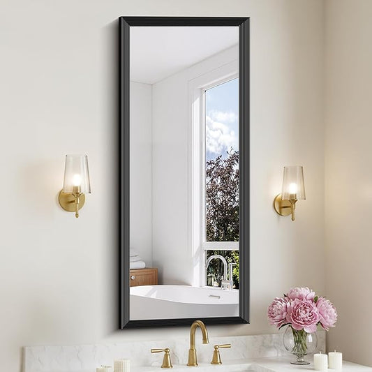 Black Bathroom Mirror 20 x 48 Inch Rectangle Wave Beveled Frame for Wall Bathroom Vanity Mirror for Over Sink, Tempered Glass,for Entryway Hangs, Bathroom Living Room Horizontal or Vertical