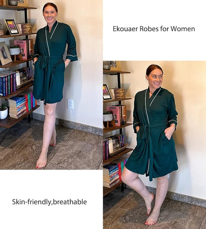 Ekouaer Women Kimono Robes Knee Length Knit Bathrobe Lightweight Soft Sleepwear V-neck Casual Ladies Loungewear