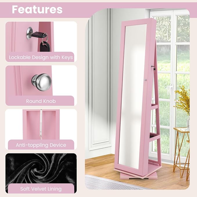 GOFLAME 360° Rotating Jewelry Armoire, Lockable Jewelry Cabinet with Full-Length Mirror & Inner Makeup Mirror, Standing Jewelry Storage Organizer with Rear Storage Shelves, Pink